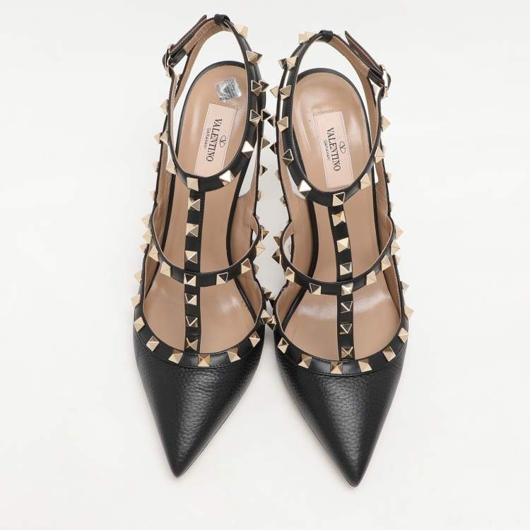 Pre Owned Valentino Black Leather Rockstud Ankle Strap Sandals Size 42.5