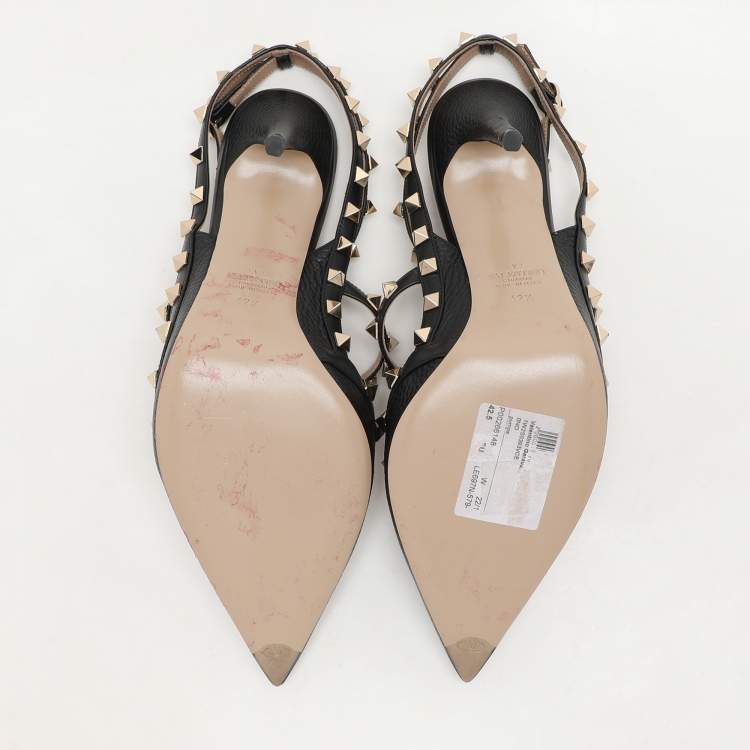 Pre Owned Valentino Black Leather Rockstud Ankle Strap Sandals Size 42.5