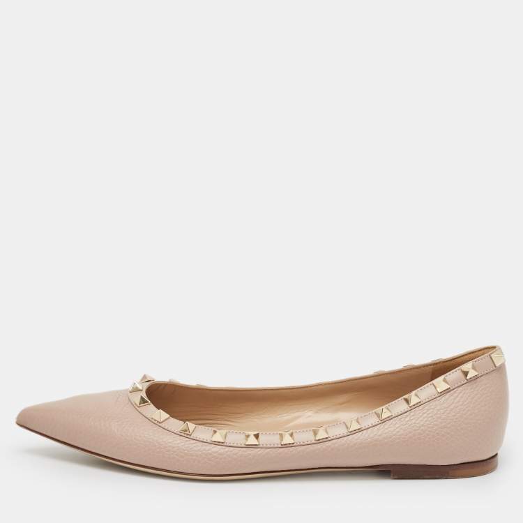 Pre Owned Valentino Beige Leather Rockstud Ballet Flats Size 40.5