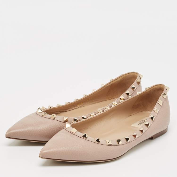 Pre Owned Valentino Beige Leather Rockstud Ballet Flats Size 40.5