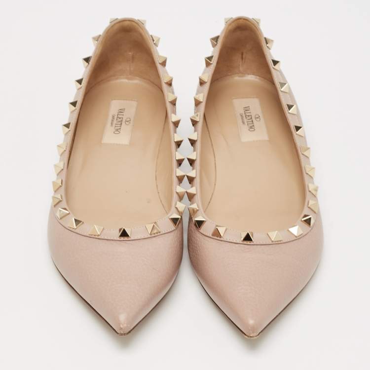 Pre Owned Valentino Beige Leather Rockstud Ballet Flats Size 40.5