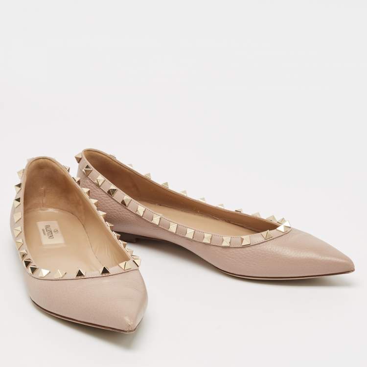Pre Owned Valentino Beige Leather Rockstud Ballet Flats Size 40.5