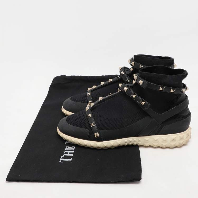Pre Owned Valentino Black Knit Fabric and Leather Rockstud Bodytech High Top Sneakers Size 38