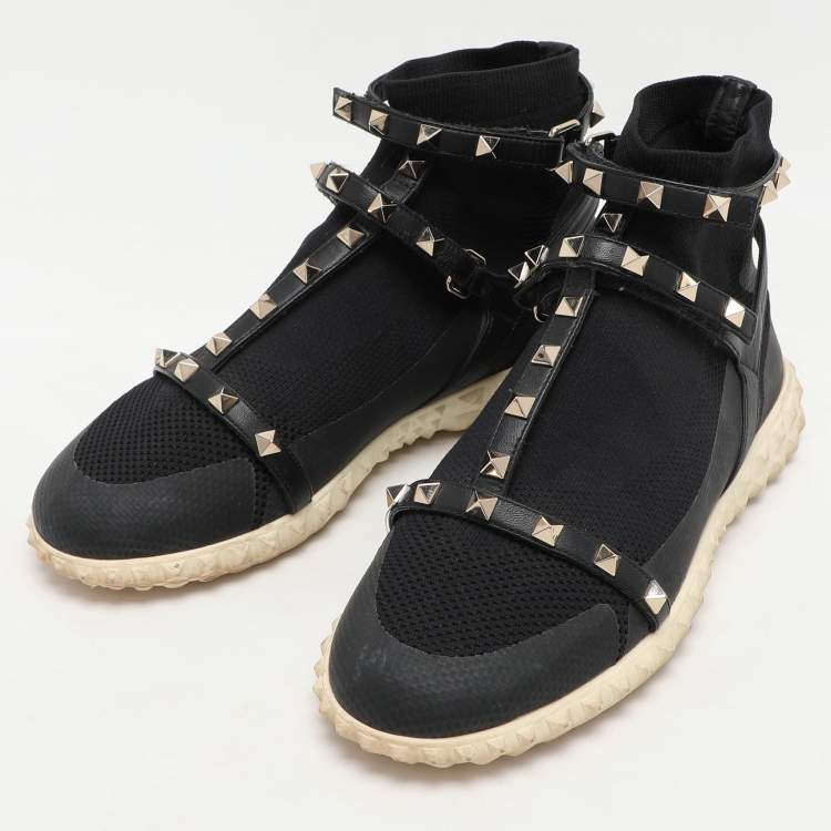 Pre Owned Valentino Black Knit Fabric and Leather Rockstud Bodytech High Top Sneakers Size 38