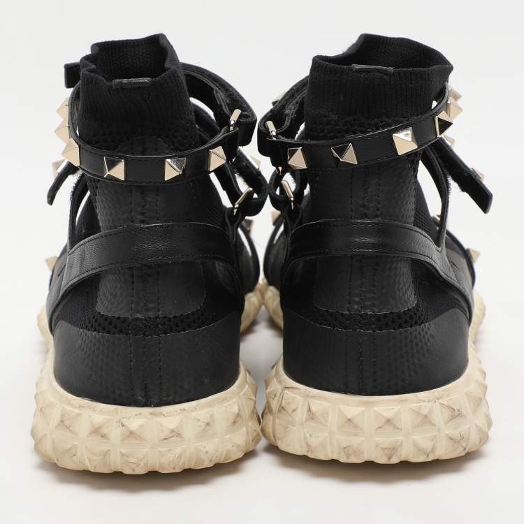 Pre Owned Valentino Black Knit Fabric and Leather Rockstud Bodytech High Top Sneakers Size 38