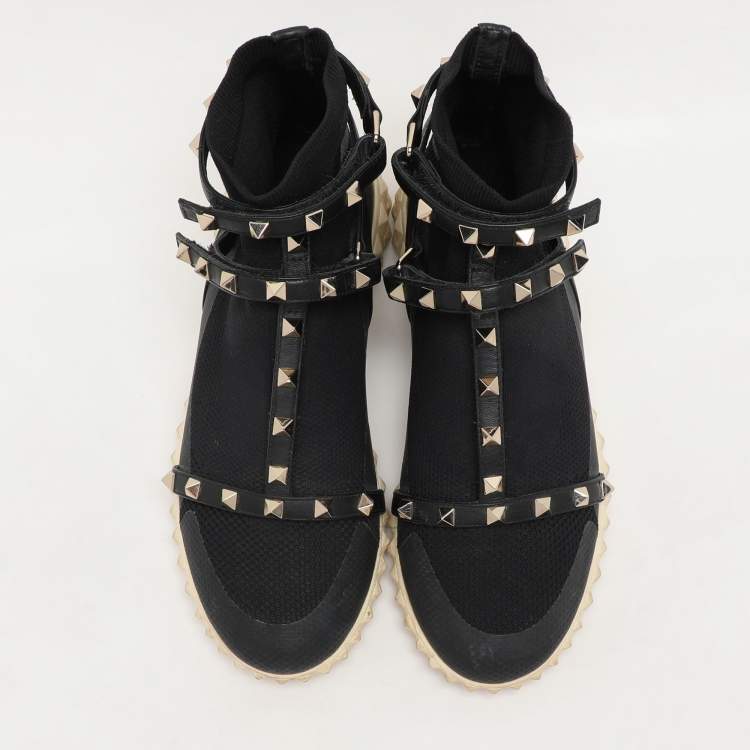 Pre Owned Valentino Black Knit Fabric and Leather Rockstud Bodytech High Top Sneakers Size 38