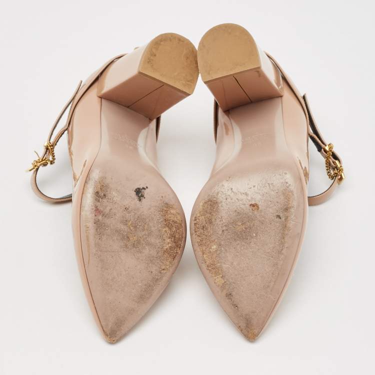 Pre Owned Valentino Beige Patent Leather Mary Jane Block Heel Pumps Size 38