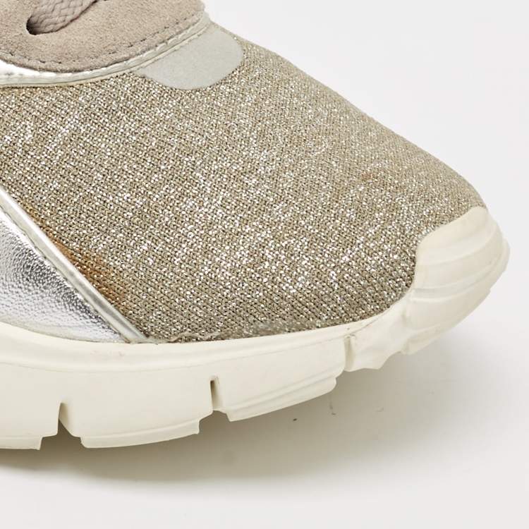 مملوكة مسبقًا Valentino Silver Knit Fabric and Leather Crystal Embellished High Top Sneakers Size 37.5