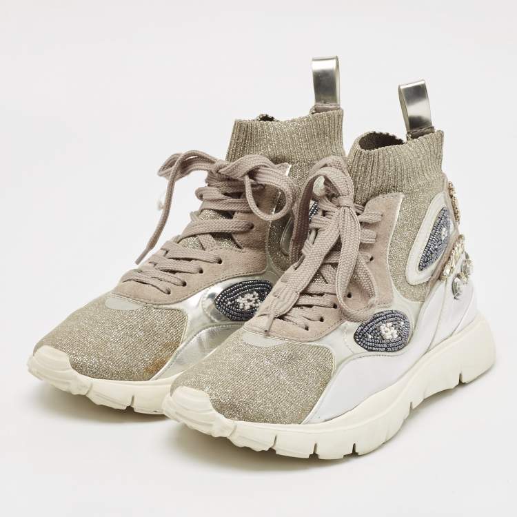 مملوكة مسبقًا Valentino Silver Knit Fabric and Leather Crystal Embellished High Top Sneakers Size 37.5