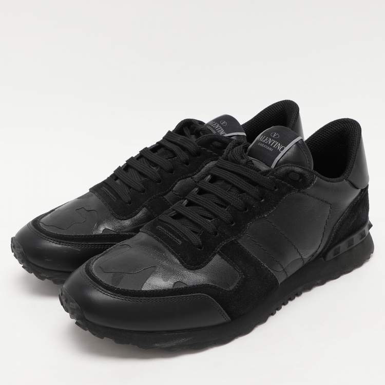 Pre Owned Valentino Black/Grey Suede And Camo Nylon Rockstud Sneakers Size 42