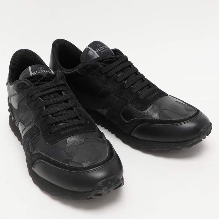 Pre Owned Valentino Black/Grey Suede And Camo Nylon Rockstud Sneakers Size 42