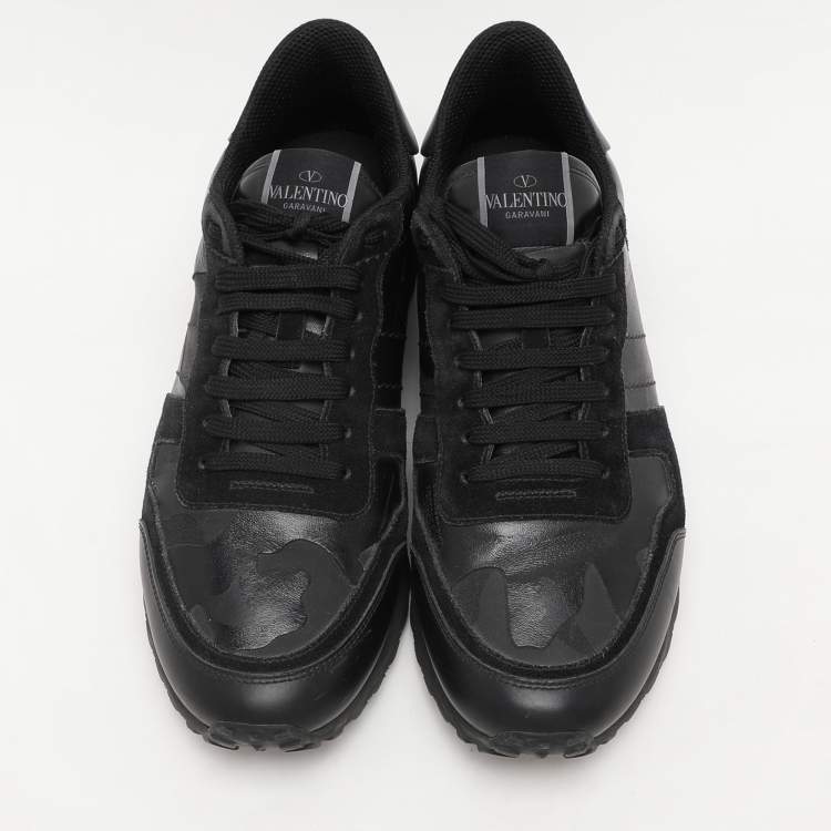 Pre Owned Valentino Black/Grey Suede And Camo Nylon Rockstud Sneakers Size 42