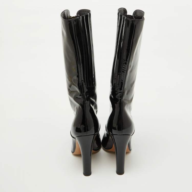 Pre Owned Valentino Black Patent Leather Zip Detail Mid Calf Length Boots Size 40