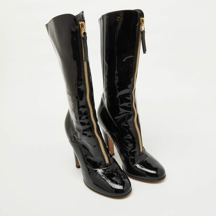Pre Owned Valentino Black Patent Leather Zip Detail Mid Calf Length Boots Size 40