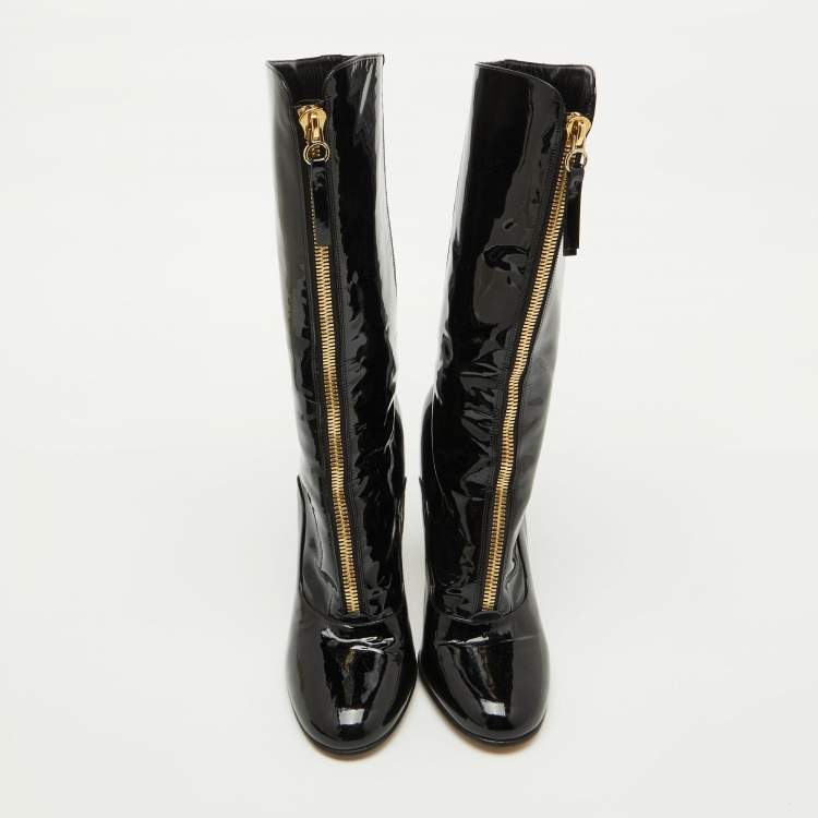 Pre Owned Valentino Black Patent Leather Zip Detail Mid Calf Length Boots Size 40