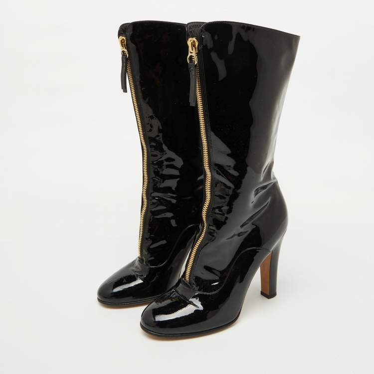 Pre Owned Valentino Black Patent Leather Zip Detail Mid Calf Length Boots Size 40