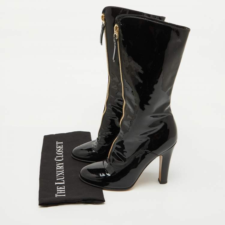 Pre Owned Valentino Black Patent Leather Zip Detail Mid Calf Length Boots Size 40