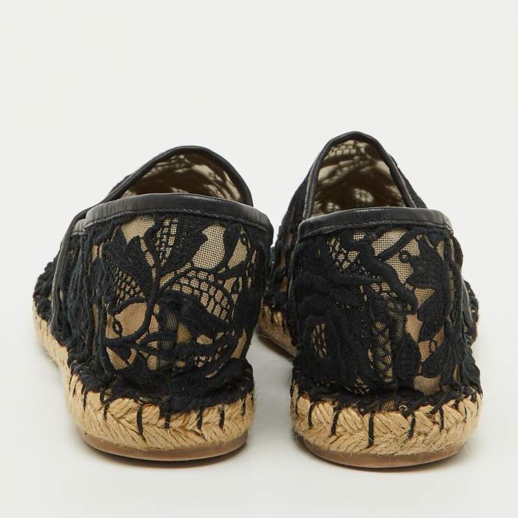 Pre Owned Valentino Black Floral Lace Espadrille Flats Size 37