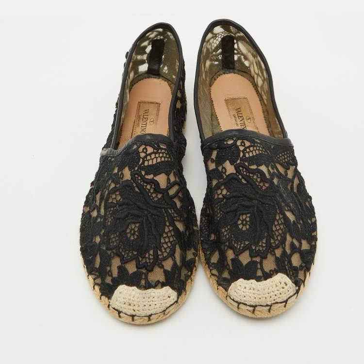 Pre Owned Valentino Black Floral Lace Espadrille Flats Size 37