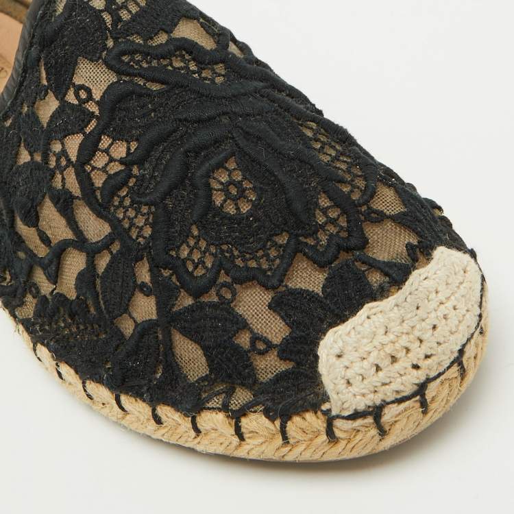 Pre Owned Valentino Black Floral Lace Espadrille Flats Size 37