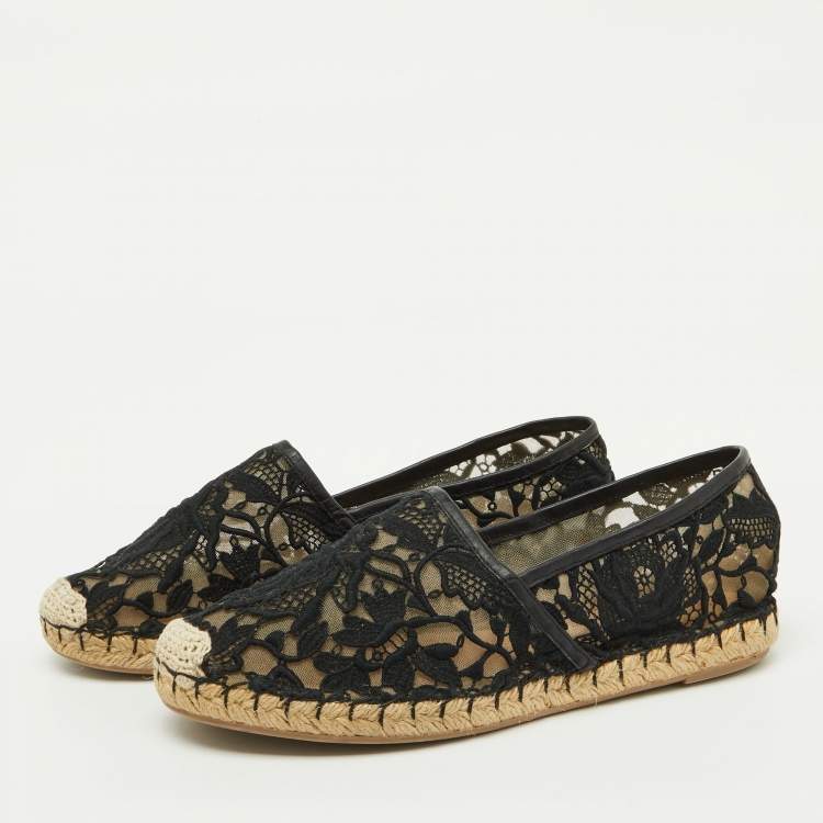 Pre Owned Valentino Black Floral Lace Espadrille Flats Size 37