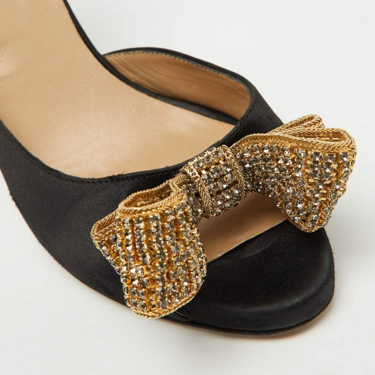 Pre Owned Valentino Black Satin Crystal Embellished Bow D'Orsay Pumps Size 39.5