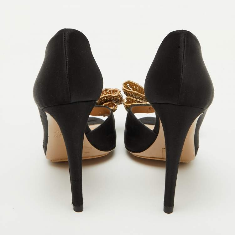 Pre Owned Valentino Black Satin Crystal Embellished Bow D'Orsay Pumps Size 39.5