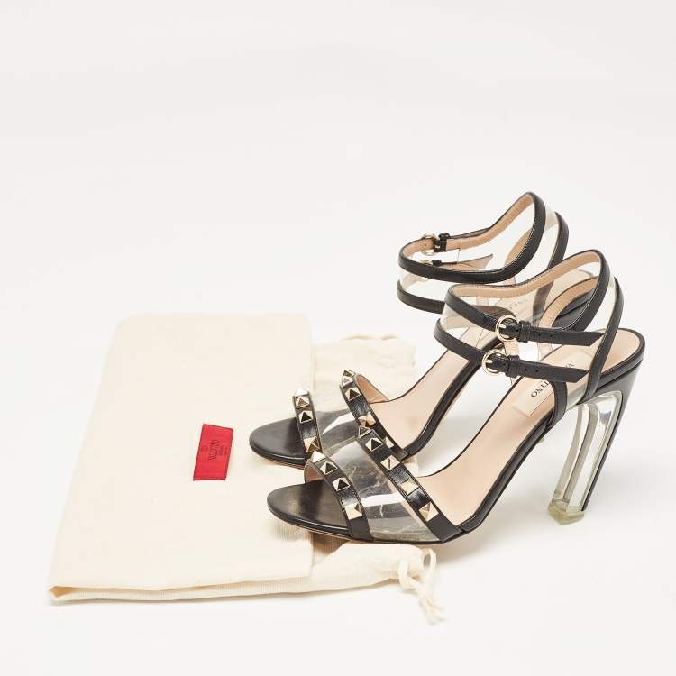 Pre Owned Valentino Black Leather and PVC Rockstud Ankle Strap Sandals Size 36.5