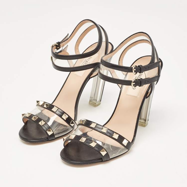 Pre Owned Valentino Black Leather and PVC Rockstud Ankle Strap Sandals Size 36.5