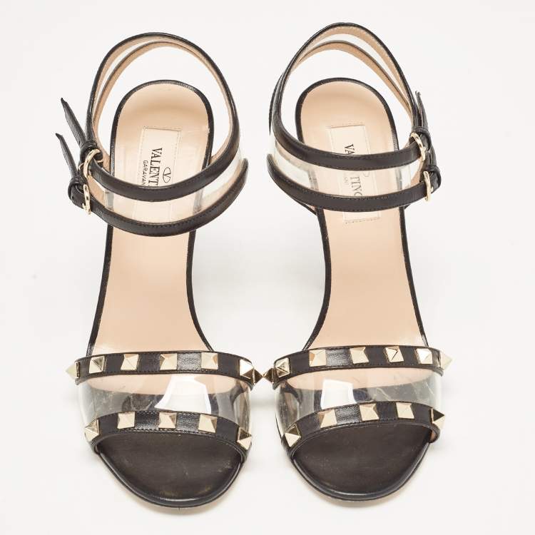 Pre Owned Valentino Black Leather and PVC Rockstud Ankle Strap Sandals Size 36.5