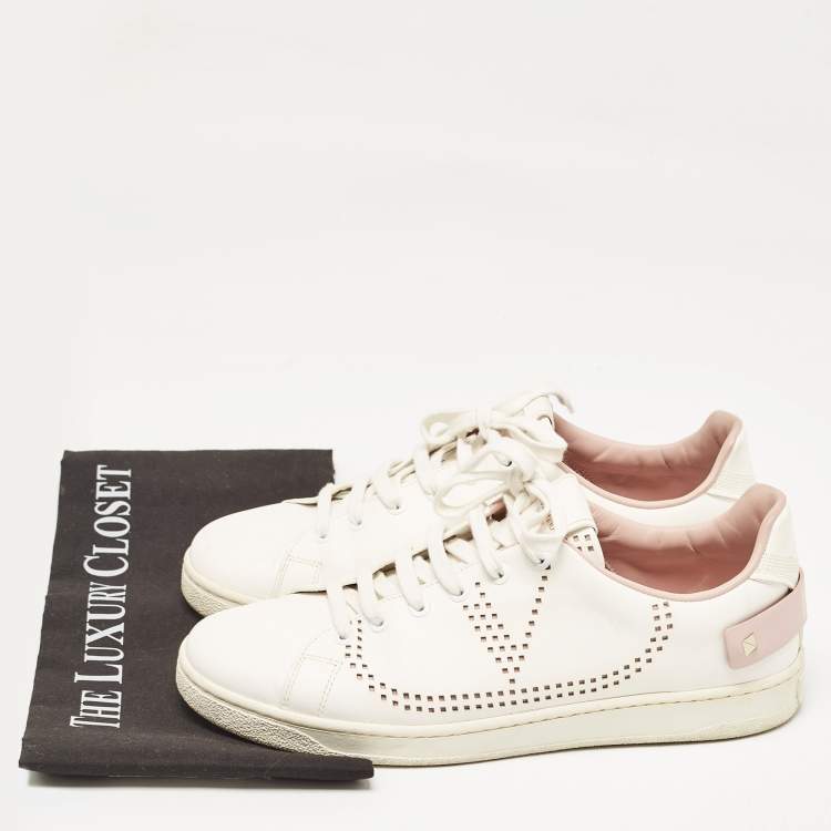 Pre Owned Valentino White Perforated Leather Backnet Rockstud Low Top Sneakers Size 40.5