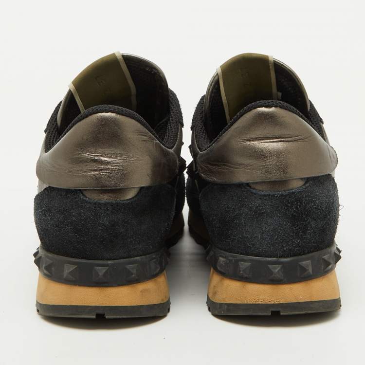 Pre Owned Valentino Metallic/Black Leather and Suede Rockrunner Sneakers Size 37