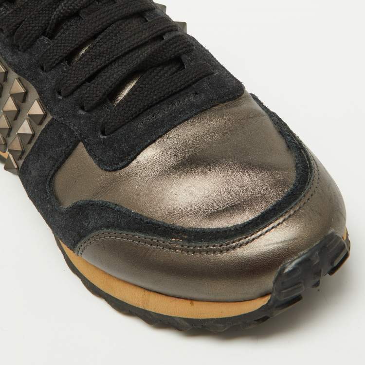 Pre Owned Valentino Metallic/Black Leather and Suede Rockrunner Sneakers Size 37