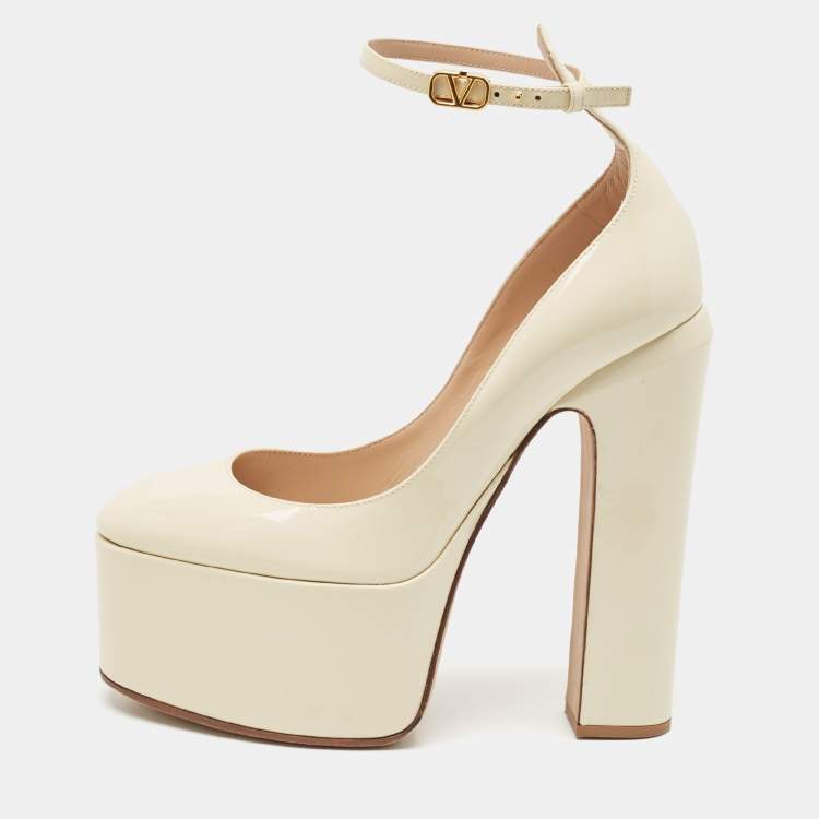 Pre Owned Valentino Cream Patent Leather Tango Platform Ankle Strap Block Heel Pumps Size 37.5