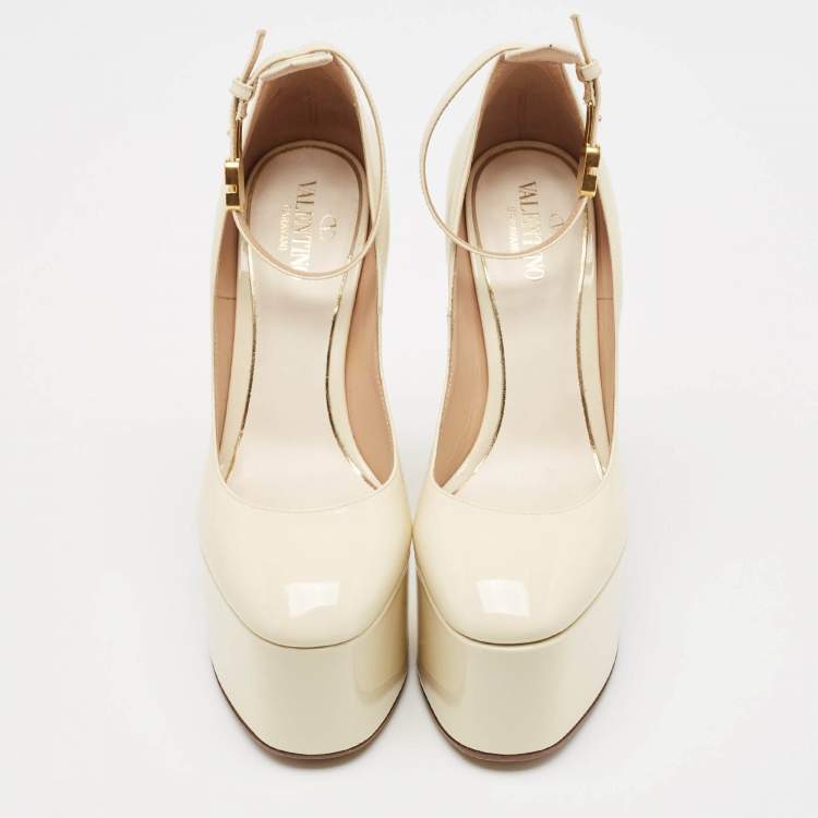 Pre Owned Valentino Cream Patent Leather Tango Platform Ankle Strap Block Heel Pumps Size 37.5