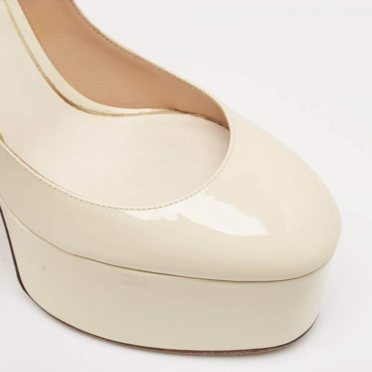 Pre Owned Valentino Cream Patent Leather Tango Platform Ankle Strap Block Heel Pumps Size 37.5