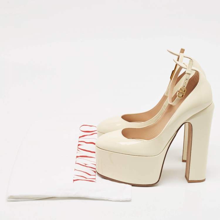 Pre Owned Valentino Cream Patent Leather Tango Platform Ankle Strap Block Heel Pumps Size 37.5