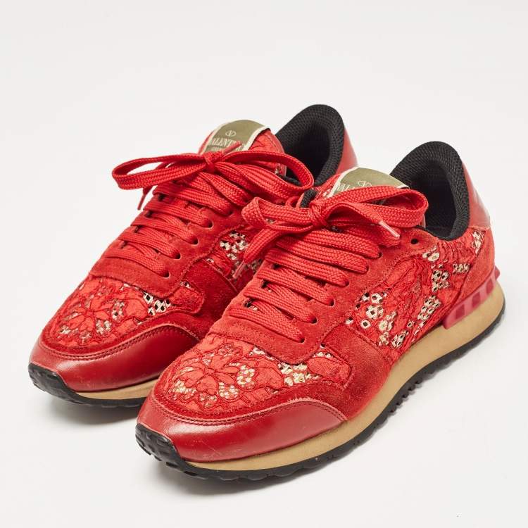 Pre Owned Valentino Red Lace and Suede Rockrunner Lace Up Sneakers Size 37.5