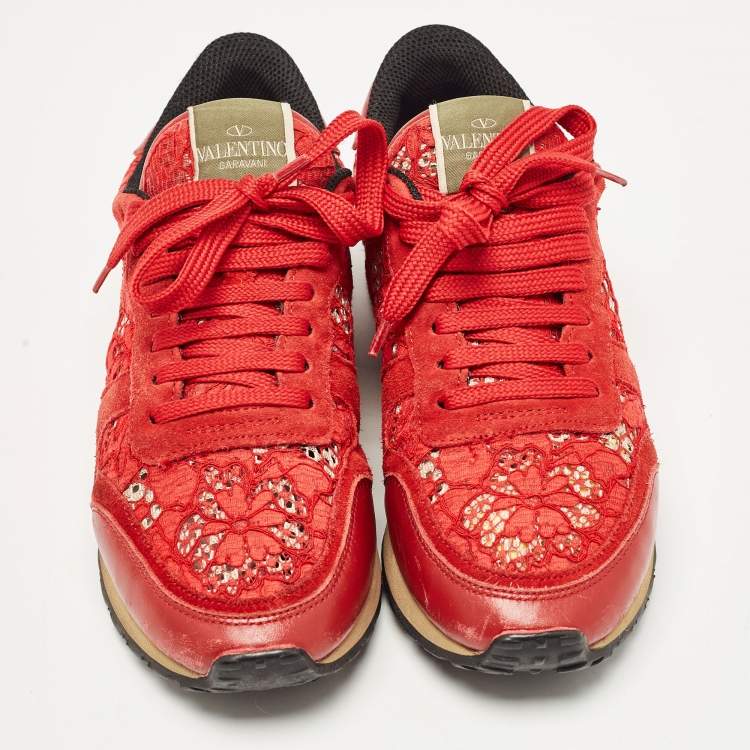 Pre Owned Valentino Red Lace and Suede Rockrunner Lace Up Sneakers Size 37.5