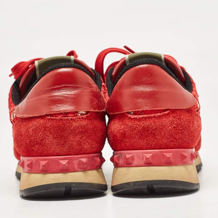 Pre Owned Valentino Red Lace and Suede Rockrunner Lace Up Sneakers Size 37.5