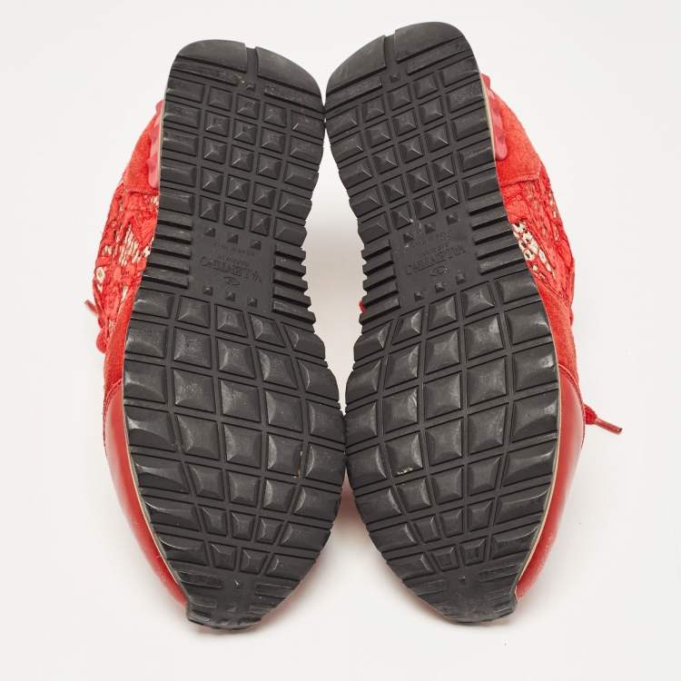 Pre Owned Valentino Red Lace and Suede Rockrunner Lace Up Sneakers Size 37.5