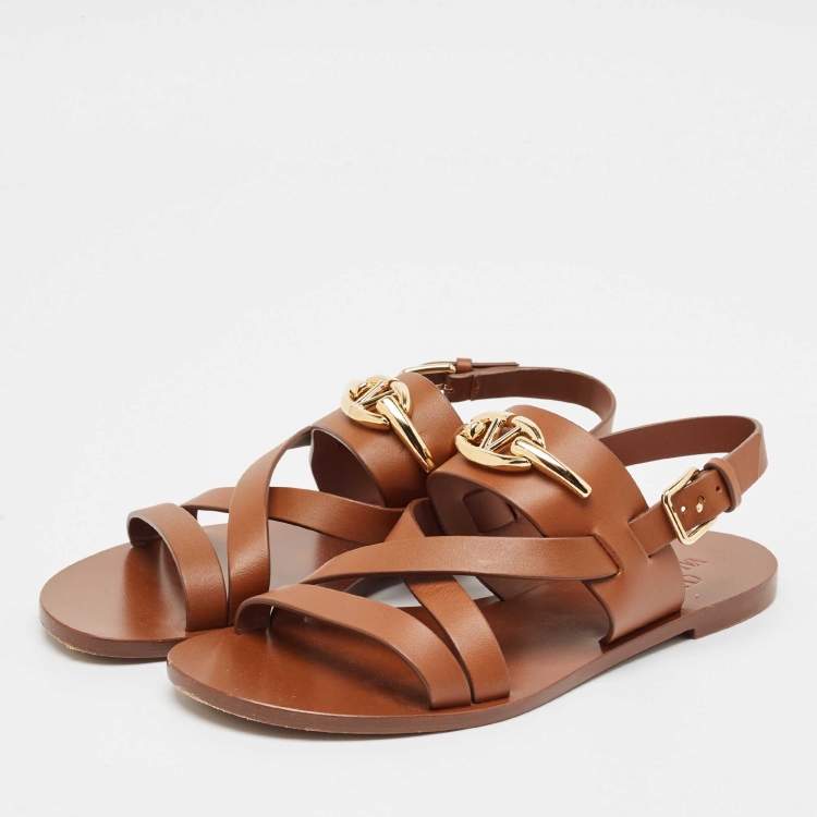 Pre Owned Valentino Brown Leather Escape V logo Slingback Sandals Size 38