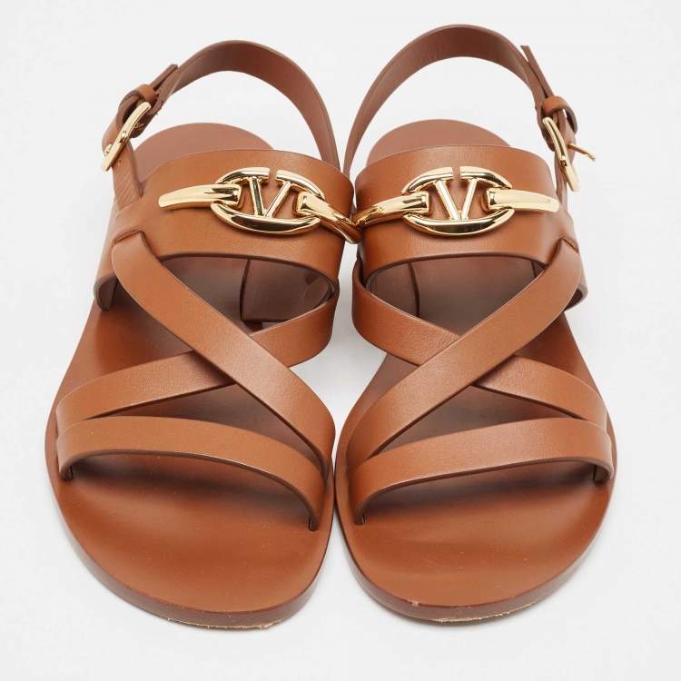 Pre Owned Valentino Brown Leather Escape V logo Slingback Sandals Size 38