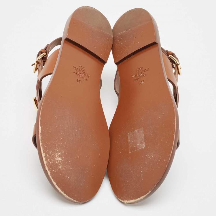 Pre Owned Valentino Brown Leather Escape V logo Slingback Sandals Size 38