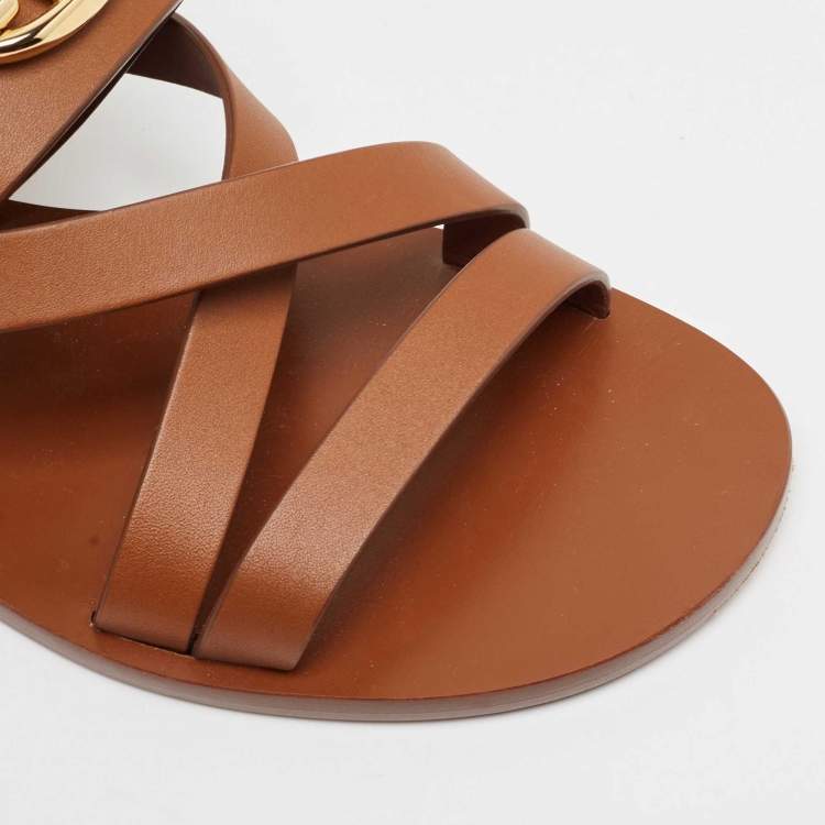 Pre Owned Valentino Brown Leather Escape V logo Slingback Sandals Size 38