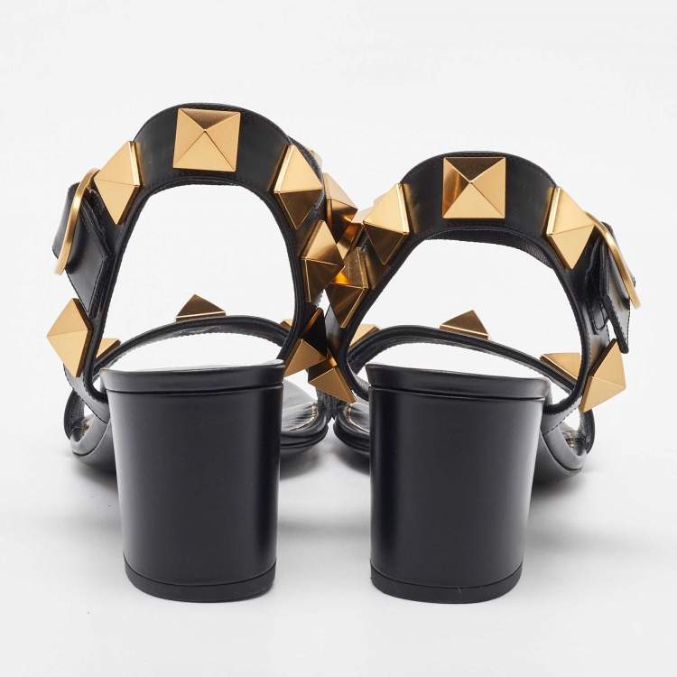 Pre Owned Valentino Black Leather Roman Stud Ankle Strap Sandals Size 39.5