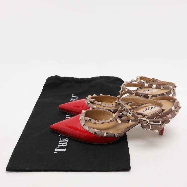 Pre Owned Valentino Red/Beige Patent Leather Rockstud Ankle Strap Pumps Size 40