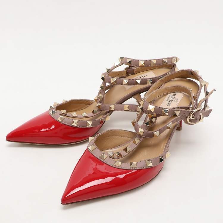 Pre Owned Valentino Red/Beige Patent Leather Rockstud Ankle Strap Pumps Size 40
