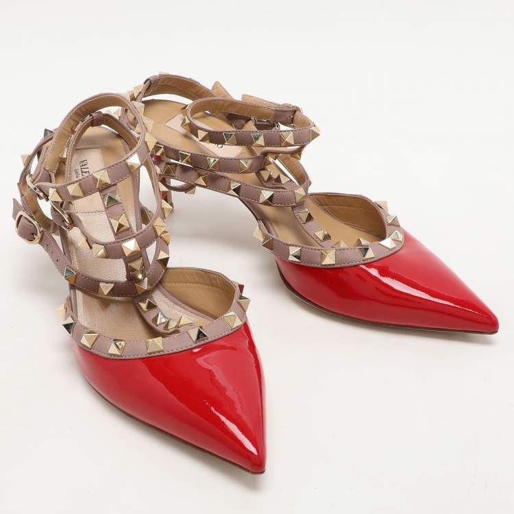 Pre Owned Valentino Red/Beige Patent Leather Rockstud Ankle Strap Pumps Size 40