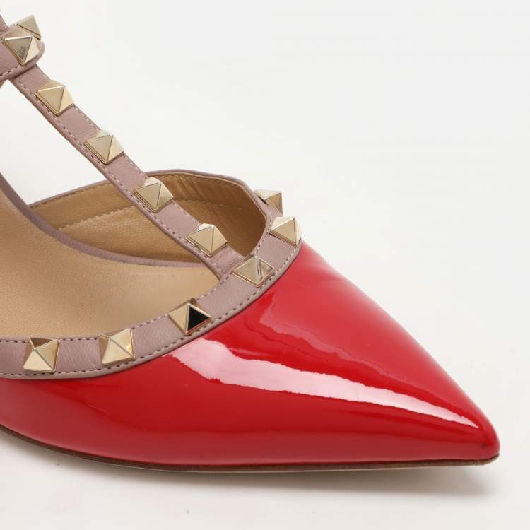 Pre Owned Valentino Red/Beige Patent Leather Rockstud Ankle Strap Pumps Size 40